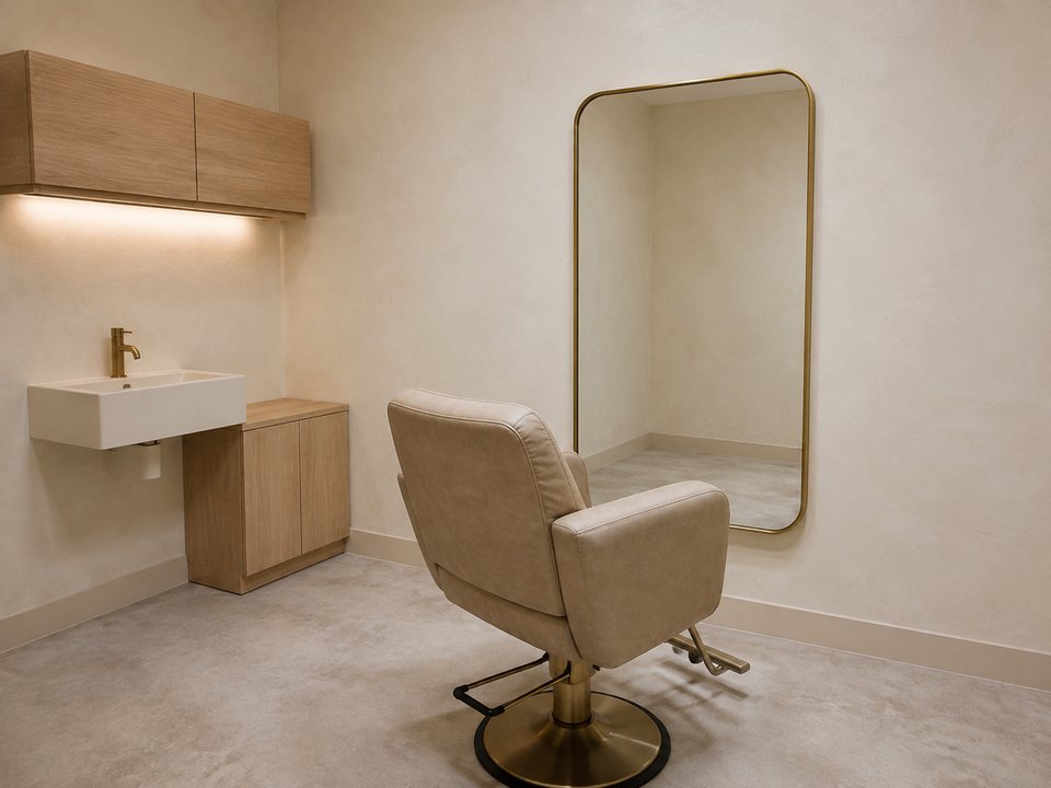 Inside a finished OAS suite with a sink, mirror and styling chair